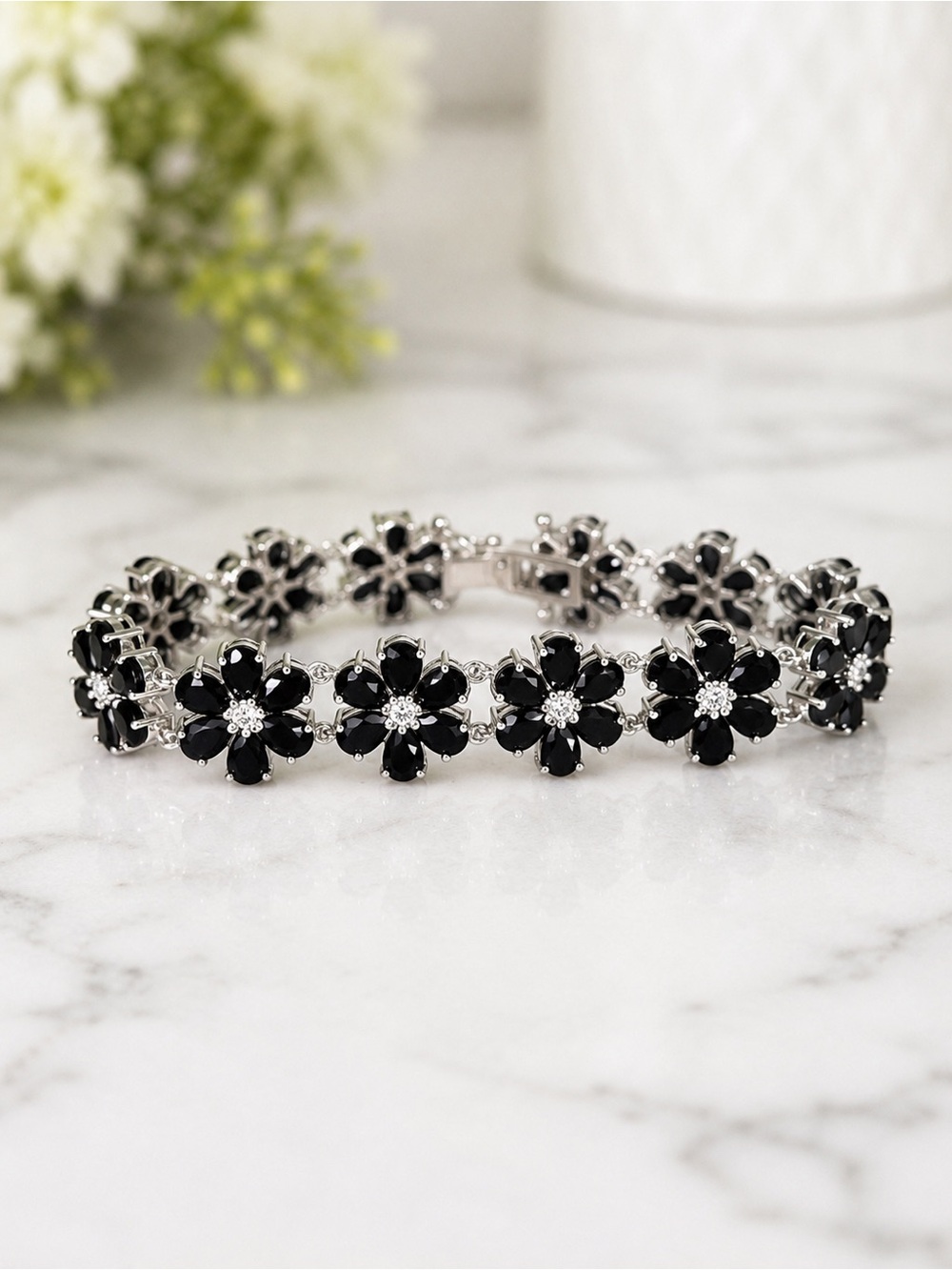 Black Spinel Flower Bracelet Sterling Silver Size 7”